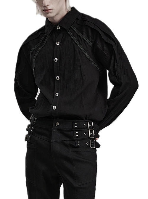 Personalized Black Light Pleated Woven Fabric With Hand-Stitched Button Webbing Decoration Gothic Style Long Sleeved T-Shirt