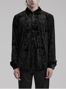 Black Velvet Ornate Embossed Fabric Simple Gothic Style Men's Long Sleeved Shirt