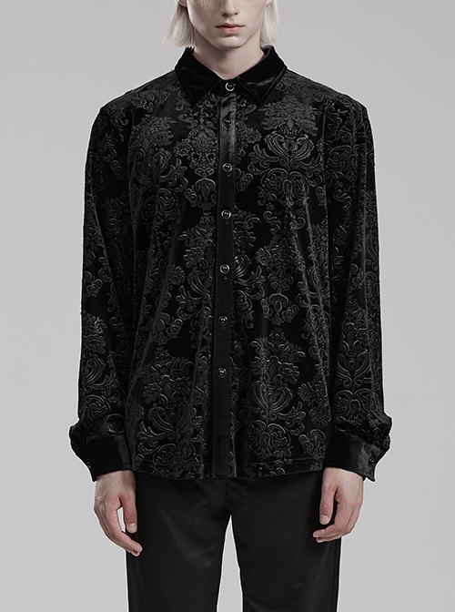 Black Velvet Ornate Embossed Fabric Simple Gothic Style Men's Long Sleeved Shirt