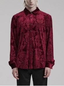 Red Velvet Ornate Embossed Fabric Simple Gothic Style Men's Long Sleeved Shirt