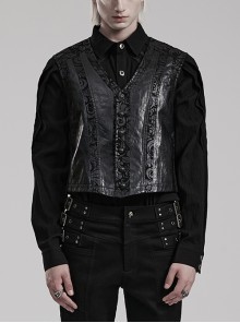 Personalized Black V-Neck Laminated Suede Exquisitely Carved Hand-Stitched Buckle Gothic Print Vest