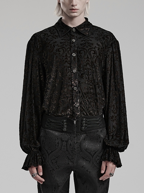 Black Soft Flocked Luxury Bronzing Pattern Gothic Bell Sleeve Gentleman's Shirt