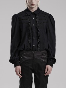 Daily Black Fitted Lightweight Pleated Woven Front Hand-Stitched Button Ruffle Trim Patchwork Velvet Web Gothic Men's Shirt