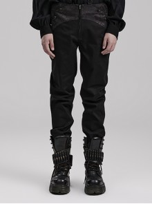 Black Micro-Stretch Twill Jacquard Front Webbing With Looped Hand-Stitched Buckles And Gothic Style Slim Trousers