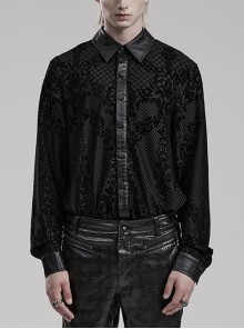 Personalized Black Stretch Flocking Printed Knitted Skull Button Decorated Gothic Style Long Sleeved Shirt