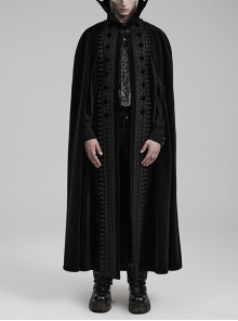 Black Non Elastic Thick Imitation Cashmere Bat Stand Collar Paired With Exquisite Buttoned Gothic Style Noble Long Cape