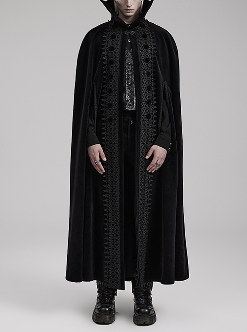 Black Non Elastic Thick Imitation Cashmere Bat Stand Collar Paired With Exquisite Buttoned Gothic Style Noble Long Cape