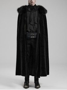 Handsome Black Soft And Removable Warm Fur Collar Placket With Symmetrical Buckles Tassels And Tassels For Gothic Style Men's Cape