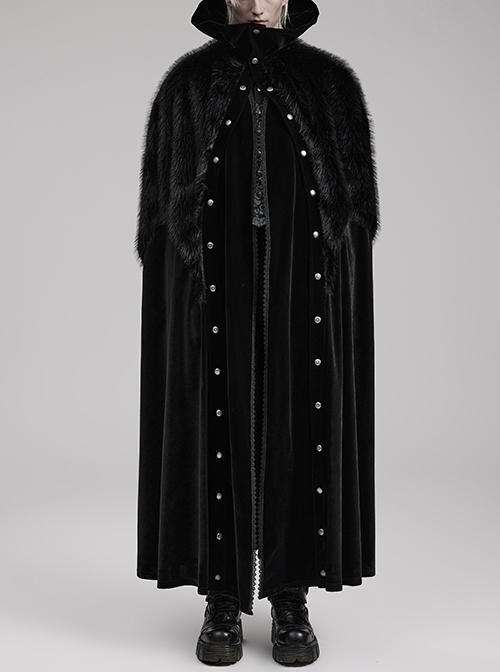 Gorgeous Black Stretch Velvet Patchwork Plush Large Ruffle Stand Collar Irregular Gothic Style Men's Cape