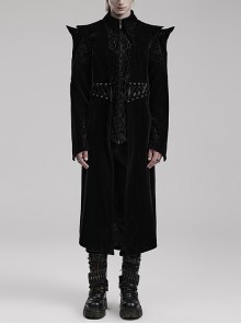 Black Velvet Splicing Jacquard Exaggerated Bat Collar Waist Cord Decoration Gothic Style Mid Length Coat