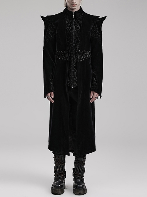 Black Velvet Splicing Jacquard Exaggerated Bat Collar Waist Cord Decoration Gothic Style Mid Length Coat