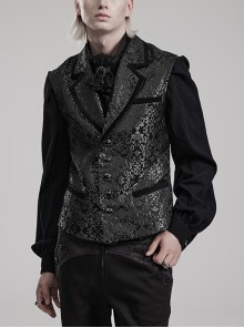 Gorgeous Black Non Stretch Jacquard Woven Spliced Velvet Luxury Gemstone Four Button Gothic Style Men's Vest