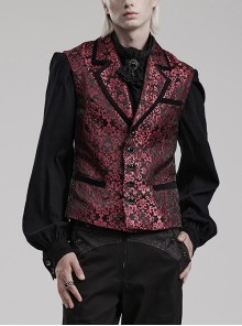 Gorgeous Black And Red Non Stretch Jacquard Woven Spliced Velvet Luxury Gem Four Button Gothic Style Men's Vest