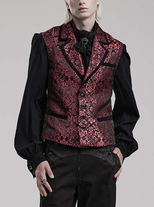 Gorgeous Black And Red Non Stretch Jacquard Woven Spliced Velvet Luxury Gem Four Button Gothic Style Men's Vest