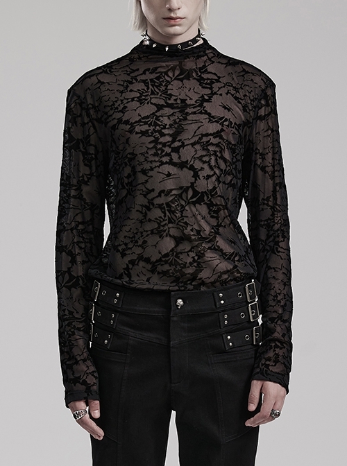 Black Stretch See Through Flocked Printed Gothic Style Sexy See Through Slim Long Sleeved T-Shirt