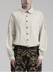 White Non Stretch Embroidered Woven Patch Pockets Shoulder Straps Gothic Handsome Shirt
