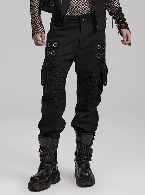 Black Non Stretch Camouflage Printed Woven Patchwork Ripped Mesh Metal Hoop Embellished Punk Style Casual Trousers