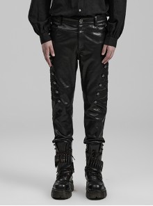 Black Micro-Stretch Textured Leather With Metal Buckles On Both Sides Embellished With Punk Style Men's PU Leather Pants