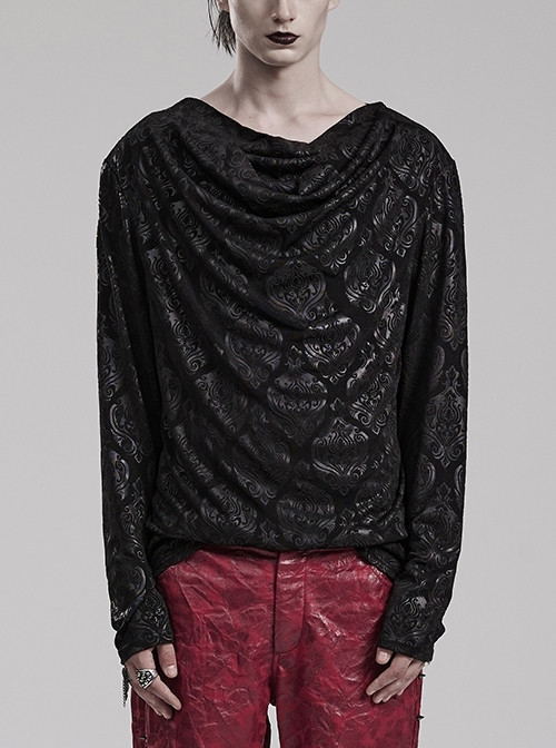 Personalized Simple Black Stretch Knitted Taped Pattern With Stacked Collar Gothic Style Men's Daily T-Shirt