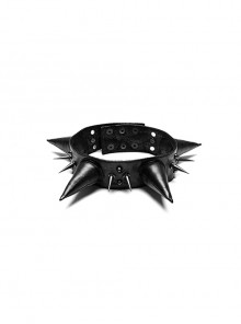 Black Non-Elastic Cracked Leather With Exaggerated Large Sharp Angle Spaced Metal Spikes Decorated Punk Style Men's Collar