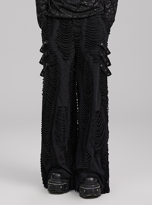 Personalized Black Horizontal Striped Hole Side Metal Ring Webbing Paired With Adjustable Elastic Elastic Waistband Gothic Style Loose Trousers
