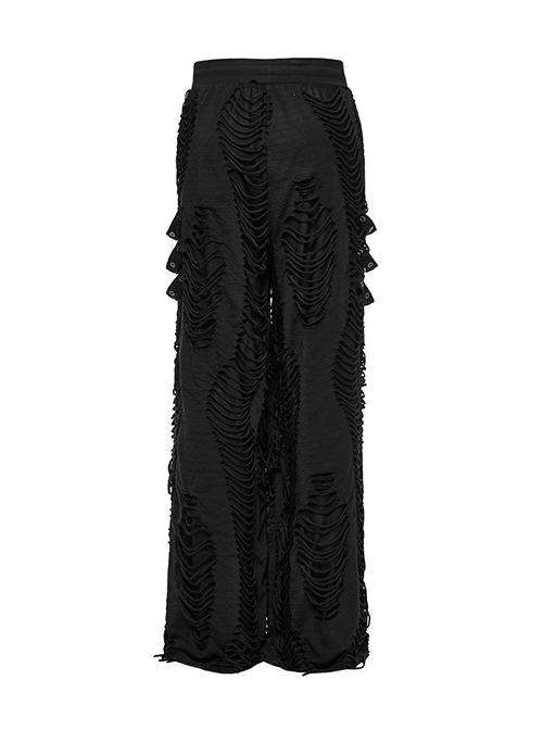 Personalized Black Horizontal Striped Hole Side Metal Ring Webbing Paired With Adjustable Elastic Elastic Waistband Gothic Style Loose Trousers