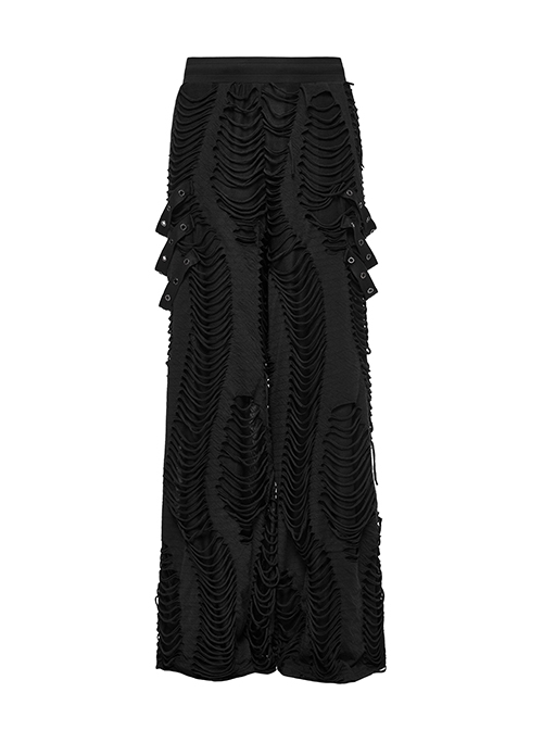 Personalized Black Horizontal Striped Hole Side Metal Ring Webbing Paired With Adjustable Elastic Elastic Waistband Gothic Style Loose Trousers