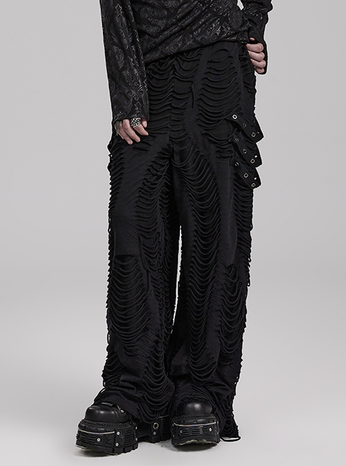 Personalized Black Horizontal Striped Hole Side Metal Ring Webbing Paired With Adjustable Elastic Elastic Waistband Gothic Style Loose Trousers