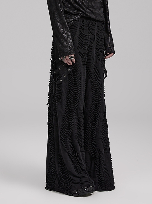 Personalized Black Horizontal Striped Hole Side Metal Ring Webbing Paired With Adjustable Elastic Elastic Waistband Gothic Style Loose Trousers