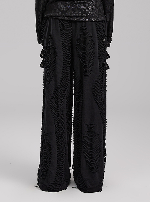 Personalized Black Horizontal Striped Hole Side Metal Ring Webbing Paired With Adjustable Elastic Elastic Waistband Gothic Style Loose Trousers