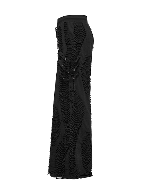 Personalized Black Horizontal Striped Hole Side Metal Ring Webbing Paired With Adjustable Elastic Elastic Waistband Gothic Style Loose Trousers