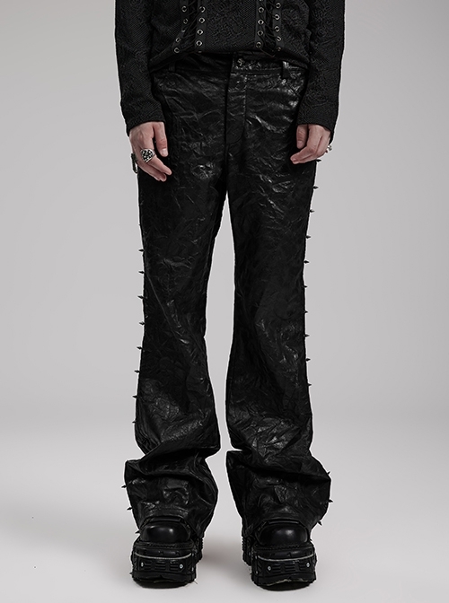 Black Pleated Muscular PU Leather Side Metal Spikes Decorated Punk Style Simple Leather Pants