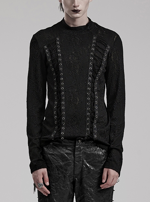 Handsome Black Stretch Three-Dimensional Jacquard Knitted Front Symmetrical Rope Gothic Round Neck Men's T-Shirt