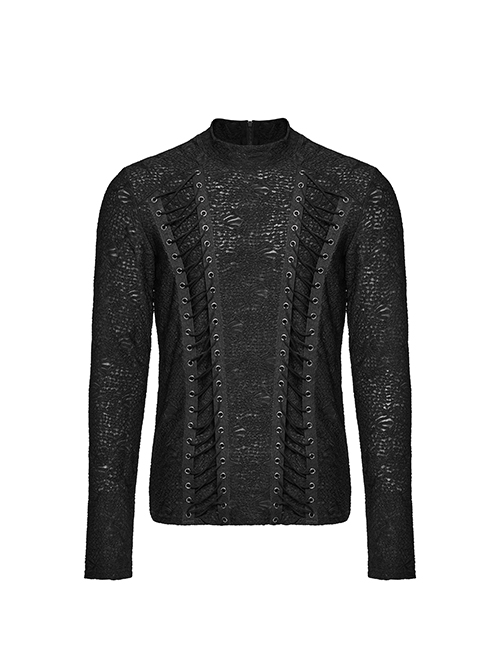 Handsome Black Stretch Three-Dimensional Jacquard Knitted Front Symmetrical Rope Gothic Round Neck Men's T-Shirt
