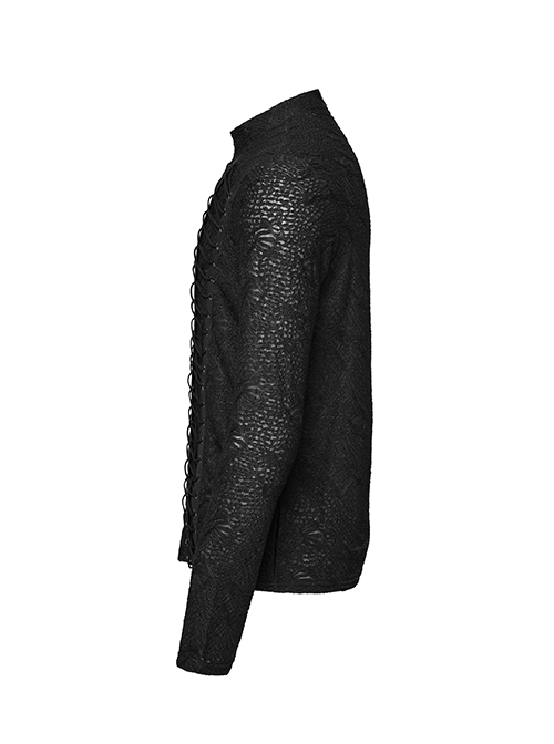 Handsome Black Stretch Three-Dimensional Jacquard Knitted Front Symmetrical Rope Gothic Round Neck Men's T-Shirt