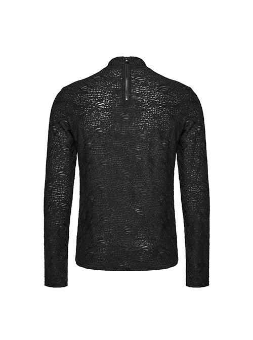 Handsome Black Stretch Three-Dimensional Jacquard Knitted Front Symmetrical Rope Gothic Round Neck Men's T-Shirt