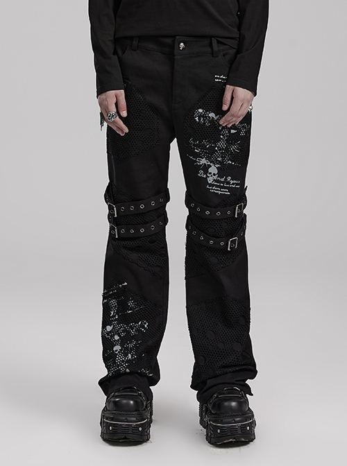 Black Stretch Twill Patchwork Ripped Fabric Personalized Skull Print Decoration Punk Style Handsome Trousers