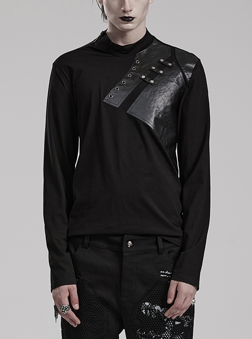 Simple Stretch Black Knitted Stitching Twill Laminated Metal Shoulder Chain Punk Style Daily T-Shirt