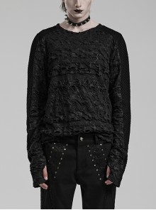 Black Muscular Stretch Ripped Printed Patchwork Mesh Gothic Style Versatile Long-Sleeved T-Shirt
