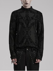 Simple And Versatile Black Stretch Knit Turtleneck Flocked Pattern Embellished Gothic Print Long Sleeved T-Shirt