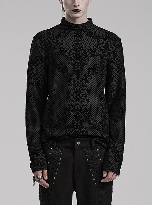 Simple And Versatile Black Stretch Knit Turtleneck Flocked Pattern Embellished Gothic Print Long Sleeved T-Shirt