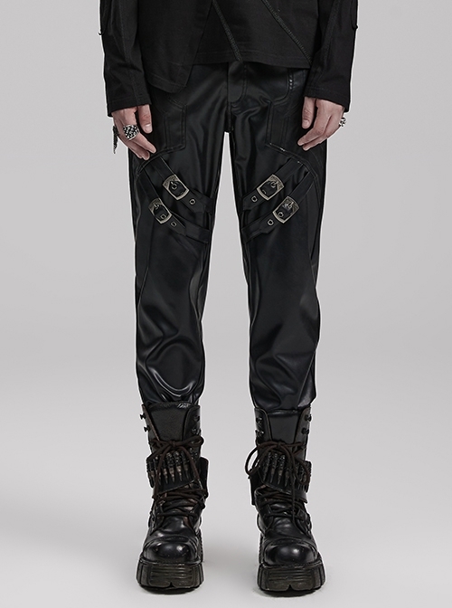 Black Stretch Pu Leather Adjustable Trouser Loops With Japanese Button Decoration Punk Style Men's Fitted Trousers