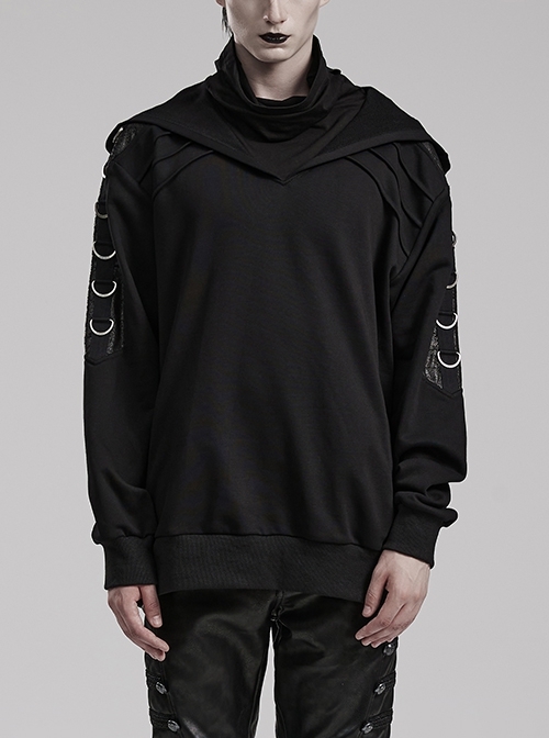 Personalized Black Micro Elastic Knitted Spliced Cracked Leather Punk Style Loose Hooded Jacket