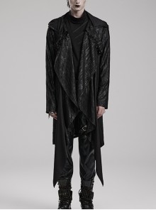 Black Loose Taped Knitted Pointed Hem With Eyelet String Gothic Style Hooded Long Coat