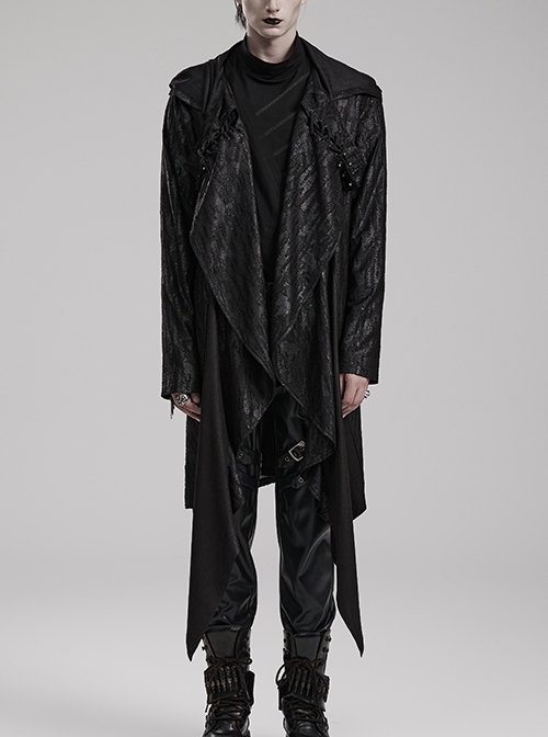 Black Loose Taped Knitted Pointed Hem With Eyelet String Gothic Style Hooded Long Coat