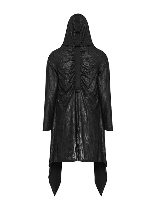 Black Loose Taped Knitted Pointed Hem With Eyelet String Gothic Style Hooded Long Coat