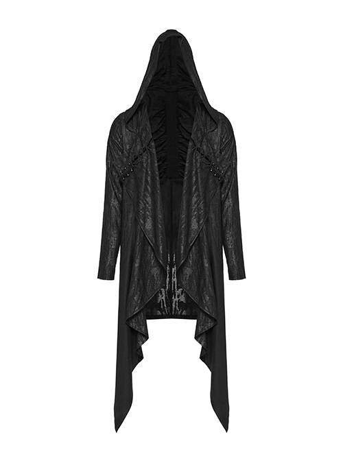 Black Loose Taped Knitted Pointed Hem With Eyelet String Gothic Style Hooded Long Coat