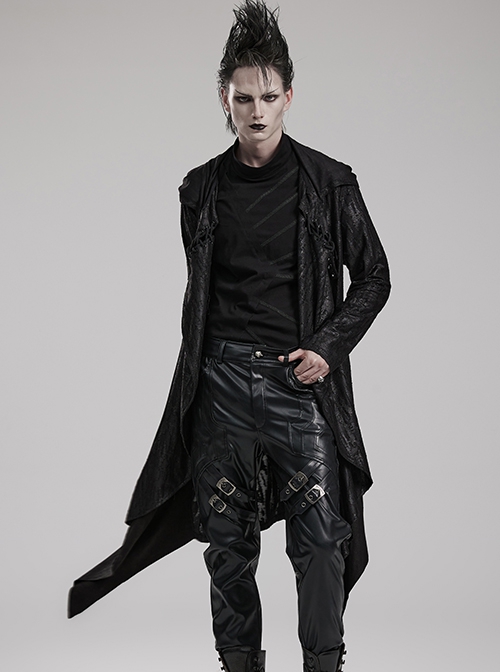 Black Loose Taped Knitted Pointed Hem With Eyelet String Gothic Style Hooded Long Coat