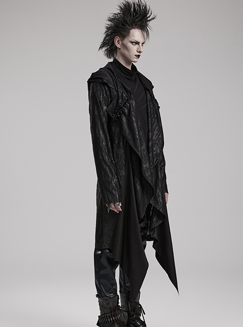 Black Loose Taped Knitted Pointed Hem With Eyelet String Gothic Style Hooded Long Coat
