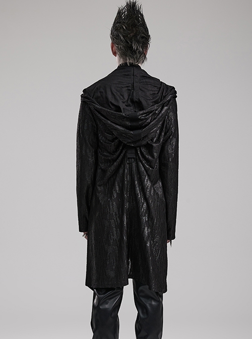 Black Loose Taped Knitted Pointed Hem With Eyelet String Gothic Style Hooded Long Coat